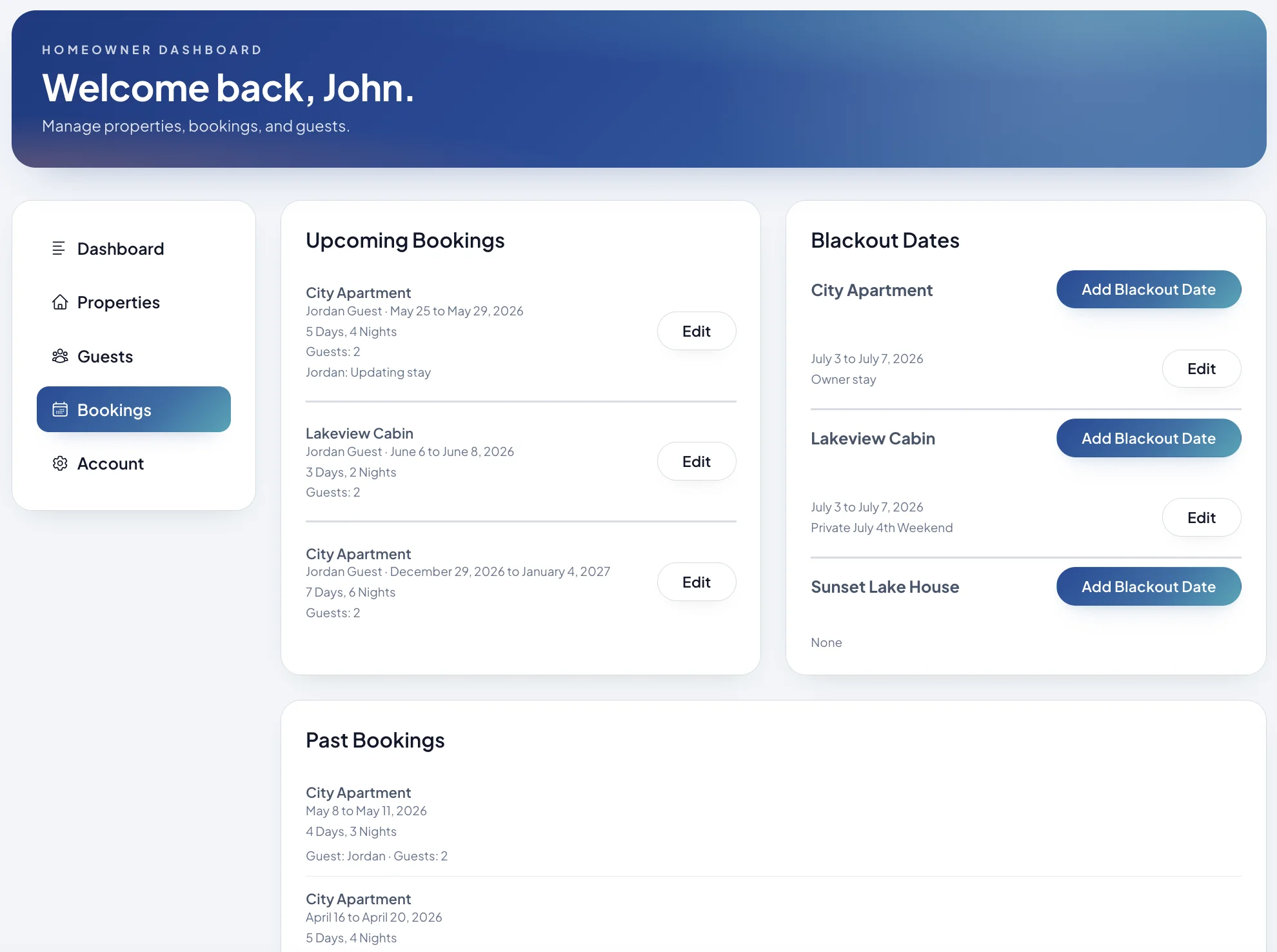Homeowner dashboard bookings view
